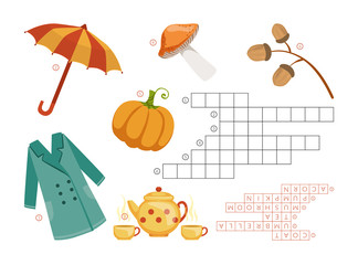 Learn English with an autumn Crossword Educational Game for Kids, Autumn Theme, Learn English Concept Vector Illustration