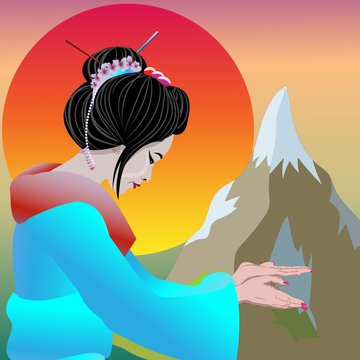 Geisha pointing and invaiting Welcome to Japan. Vector illustration poster geisha and nature Japan background