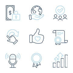 Success, Rotation gesture and Analysis graph line icons set. Diploma certificate, save planet, group of people. Microphone, Like hand and Private payment signs. Vector