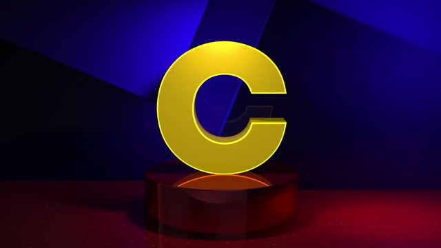 26 letters of the English latin alphabet. Set collection. 3D Render animation letter font alphabet transition 4K. Typographic design element. Yellow font on a blue background with red blue fragments.