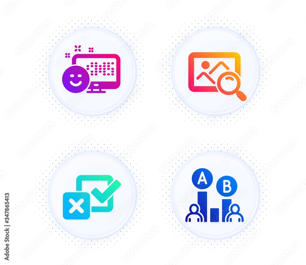 Poster smile, checkbox and search photo icons simple set. button with halftone dots. ab testing sign. posit