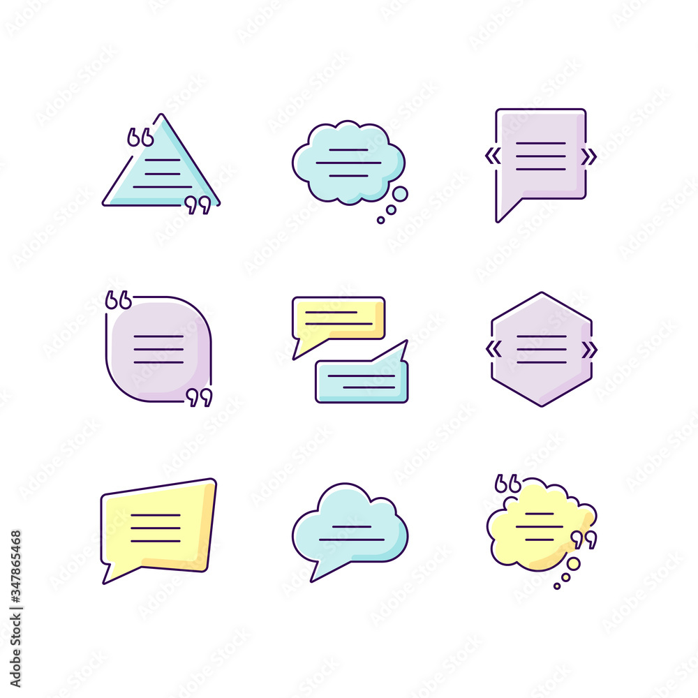 Poster comment box yellow, blue and violet rgb color icons set. blank speech clouds different shapes. trian