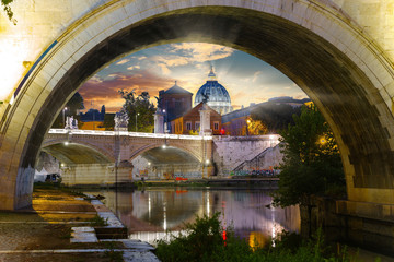 Sunset below St.Angelo bridge at Rome, Italy