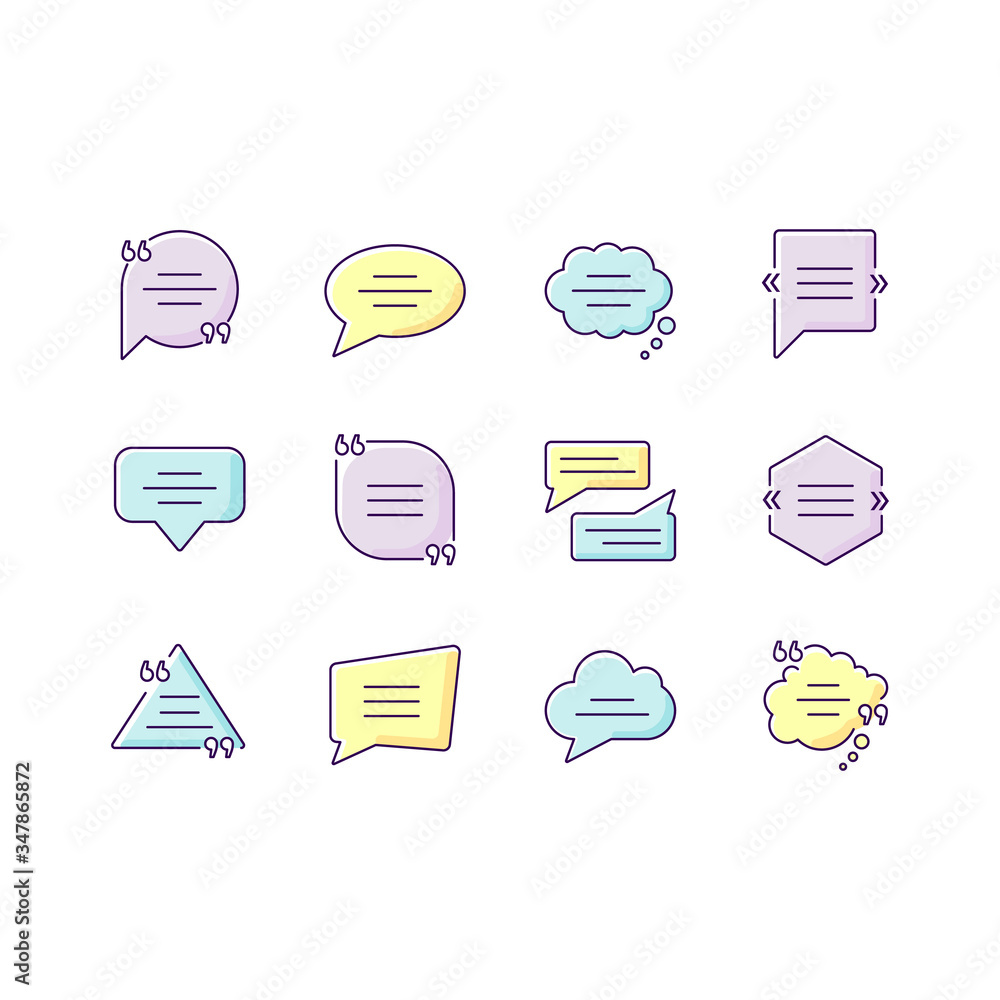 Poster dialogue box purple, yellow and blue rgb color icons set. blank speech clouds various shapes. chat b