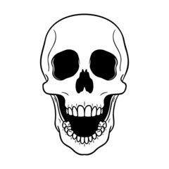 terrible skull with a gaping mouth that screams. white and black, isolated, comic, illustration.