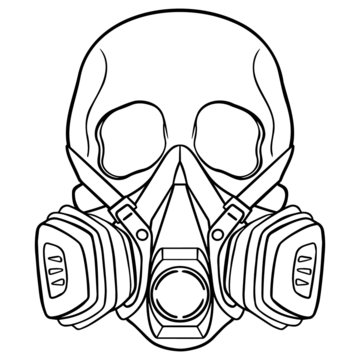 monochrome outline drawing of a skull with gas mask. comic, illustration.