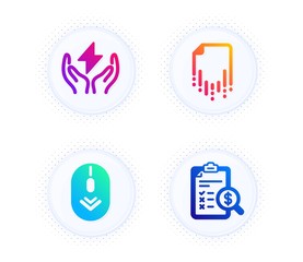 Recovery file, Scroll down and Safe energy icons simple set. Button with halftone dots. Accounting report sign. Backup document, Mouse swipe, Thunderbolt. Check finance. Technology set. Vector