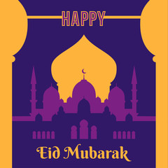 Eid Al Fitr. Eid Mubarak vector greeting.  Eid-Al-Fitr mubarak. Mosque with sign happy eid mubarak. Muslim Community Festival. Eid adha mubarak arabic greeting card