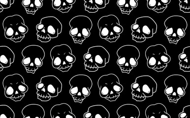 Skull seamless pattern, vintage vector art for fabric, festival invitation, poster on Halloween or Day of the Dead in Mexico party, metal rock event. Human sugar skull, funny cartoon, horror print
