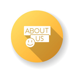 About us yellow flat design long shadow glyph icon. Company information for clients. Customer support service. Navigate in corporate social media. Silhouette RGB color illustration