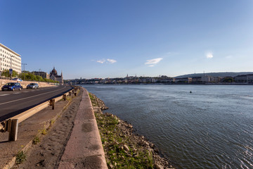 View of Budapest from under the Margaret Bridge on a sunny afternoon