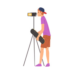 Boy Skateboarder Blogger Streaming Online Recording Video with Camera, Film Scene or Video Blog Recording Process Cartoon Vector Illustration