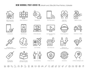 Simple Set of New Normal After Coronavirus 2019 or Covid-19 Ends Related. Such as Streaming, Online Shopping, Supply Recalibration. Line Outline Icons Vector. 64x64 Pixel Perfect. Editable Stroke.