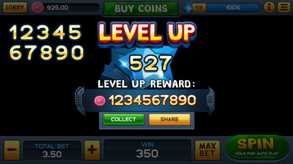 Level up screen for slot game. Vector illustration