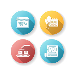 Social media store flat design long shadow glyph icons set. Online shopping. Event planning. Production of merchandise. Products on conveyor belt. Calender check. Silhouette RGB color illustration