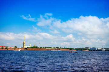 Panorama of Peter and Paul fortress over Neva river in Saint Petersburg, Russia