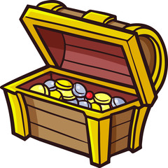 Cute and funny treasure box opened filled with gold and silver coins