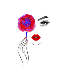 Stylish woman is keeping a flower in her hand and closing eye, beautiful face, red lips, lush eyelashes, red nails manicure art. Beauty logo. Vector illustration, wallpaper background print.  