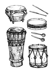 Hand drawn vector illustration with drums. Graphic handmade illustration. Musical instruments isolated from background.