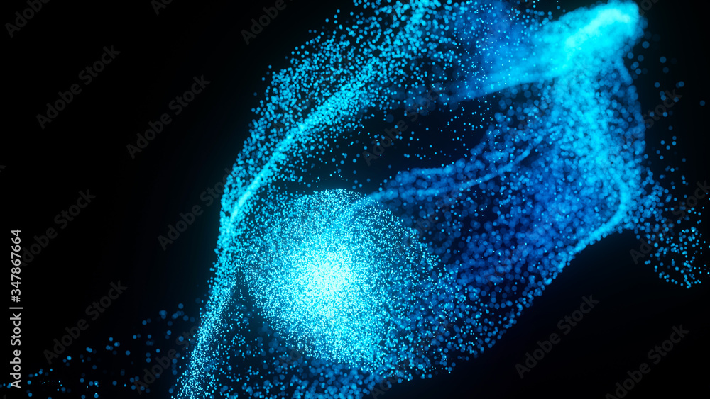Poster abstract blue particle background evolving from the center. abstract fluid particles. wavy abstract 
