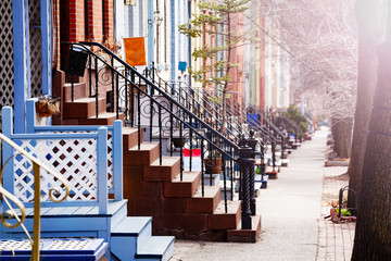 Close up of many different staircases of typical Albany houses on Lancaster street, NY, USA