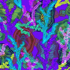 Abstract vector pattern suitable for printing children's prints on textiles, fabrics, clothes, boys, girls. Bright psychedelic ornament coral reefs with flowers. Reef in the ocean blooms. Underwater