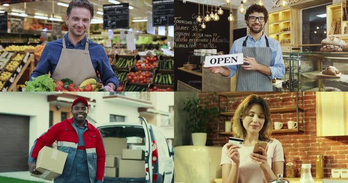 Collage of multiethnic people in different places. Male worker in supermarket. Man working in bakery. Delivery man with box outdoor. Woman paying with credit card in cafe with smartphone.