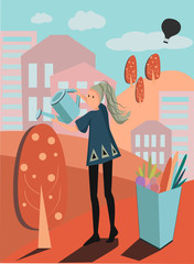 
vector image of a girl watering the garden