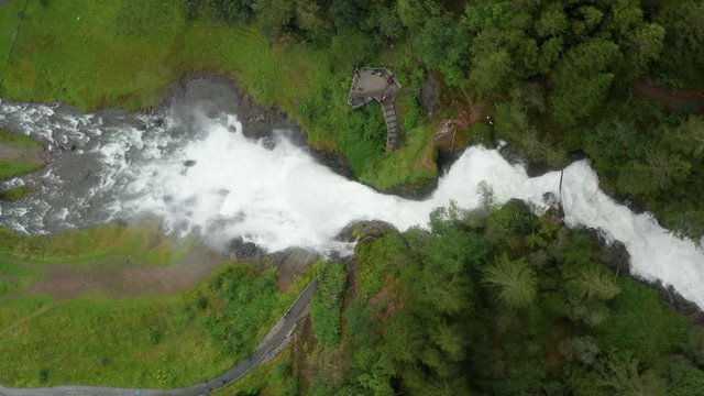 Aerial view of Steinsdalsfossen waterfall at Hardangerfjord in Norway