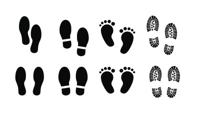 Foot print vector illustration set with shoes bare feet and boot print 