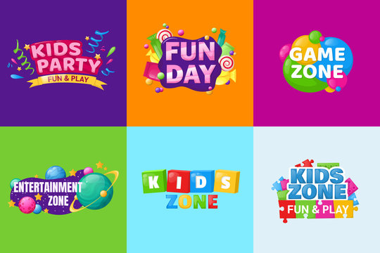 Kids zone fun day entertainment set childish banner label sticker badge logo. Cartoon colorful logo for children's playroom decoration, fun play, kids zone vector illustration