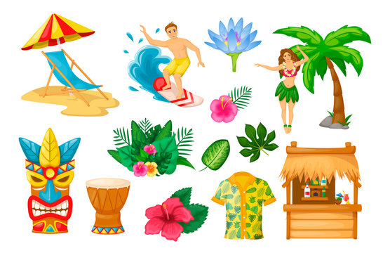 Modern traditional objects of Hawaiian culture. Hawaiian mask totem, surfing, palm tree, girl dancing hula dance, Hawaiian shirt, drums, bungalow, tropical leaves vector