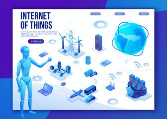 Internet of things infographic illustration, neon blue isometric 3d concept with smart technology, globe glowing icon, computer network with night glowing background