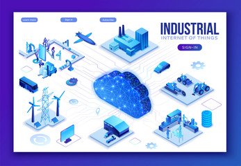 Industrial internet of things infographic illustration, blue neon concept with factory, electric power station, cloud 3d isometric icon, smart transport system, mining machines, data protection