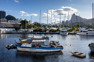 Fototapeta na wymiar Dogs on a fisher boat in the Guanabara bay of Rio de Janeiro with the Corcovado mountain in the background and pleasure boats behind seen from the Urca neighbourhood