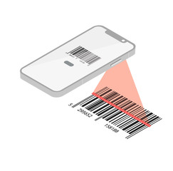 Barcode Verification Concept. Mobile phone with a scanner reads the Barcode. Machine-readable barcode on smartphone screen. Vector  illustration 