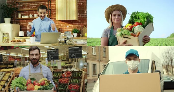 Collage of different Caucasian people. Happy man with laptop buying online with credit card at home. Woman with vegetables outdoor. Male worker at food store. Boy in mask delivers order People concept