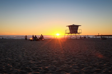 California Beach Scene with Lifeguard Tower