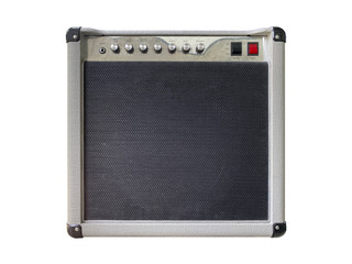 Isolated Grey leather and Silver plate vintage combo amplifier on white background with work path.