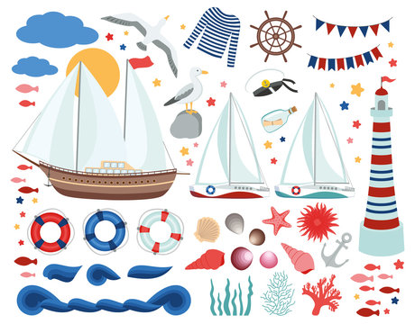 Set of nautical elements. Yachts sailing boats. Marine clip art. Seagulls flying and standing. Vessel equipment - anchor, lifebuoy. Seashells. Lighthouse. Ocean waves stylized. Sea travel.  