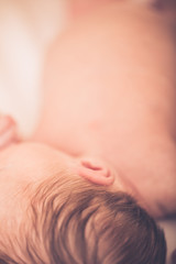 Newborn baby boy lying on bed, sleeping, close up. Healthy newborn baby sleeping, showing close up of ear and side of babies head.