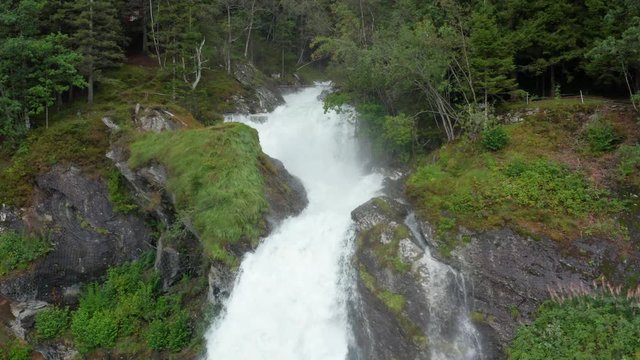 Aerial view of Steinsdalsfossen waterfall at Hardangerfjord in Norway