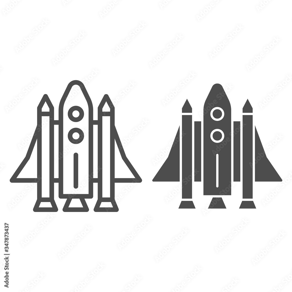 Poster space shuttle line and solid icon, transport symbol, spaceship vector sign on white background, rock
