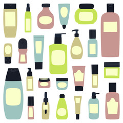 Big collection templates of empty and clean colorful plastic containers: bottles with spray, cream jar, tube. Flat design of cosmetic package. Hand drawn Vector Illustration.