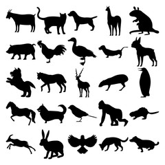 Set of 25 animals. Goat, Cat, Dog, Lama, Mouse, Pig, Rooster, Goose, Wolf, Antilope, Penguin, Horse, Corgi, Sparrow, Gorilla, Beaver, Gazelle, Rabbit, Bird.