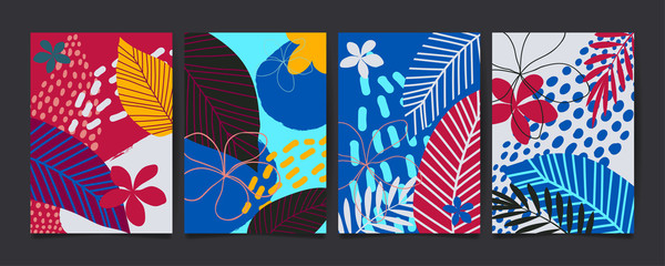 Set of abstract floral pattern with tropical flowers and leaves. Creative universal art background. Wedding, anniversary, party invitations, covers, decor elements. Vector - obrazy, fototapety, plakaty