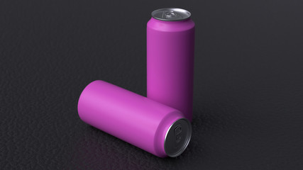 Two pink drink soda cans isolated on a black background. 3d render.