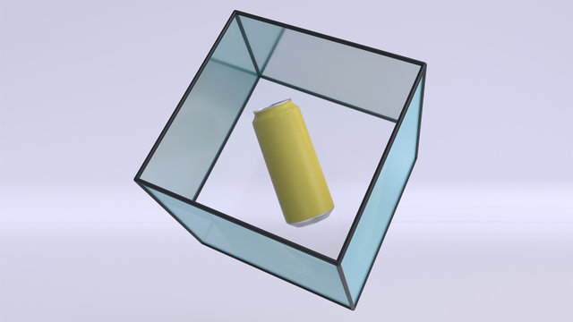 Yellow soda can in glass cube with black frame on white background. 3d render. Soda cans.
