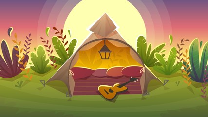 Native American teepee house wigwam indian ethnic culture triangle tent at nature background , vector cartoon kids illustration