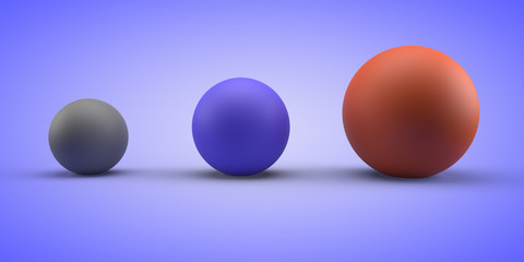 Three rubber balls of different sizes and colors. Abstract background. 3D rendering